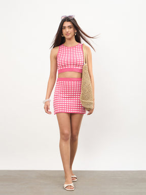 Pink & White Round Neck Crop Top With Mini Skirt-SASSAFRAS