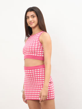 Pink & White Round Neck Crop Top With Mini Skirt-SASSAFRAS