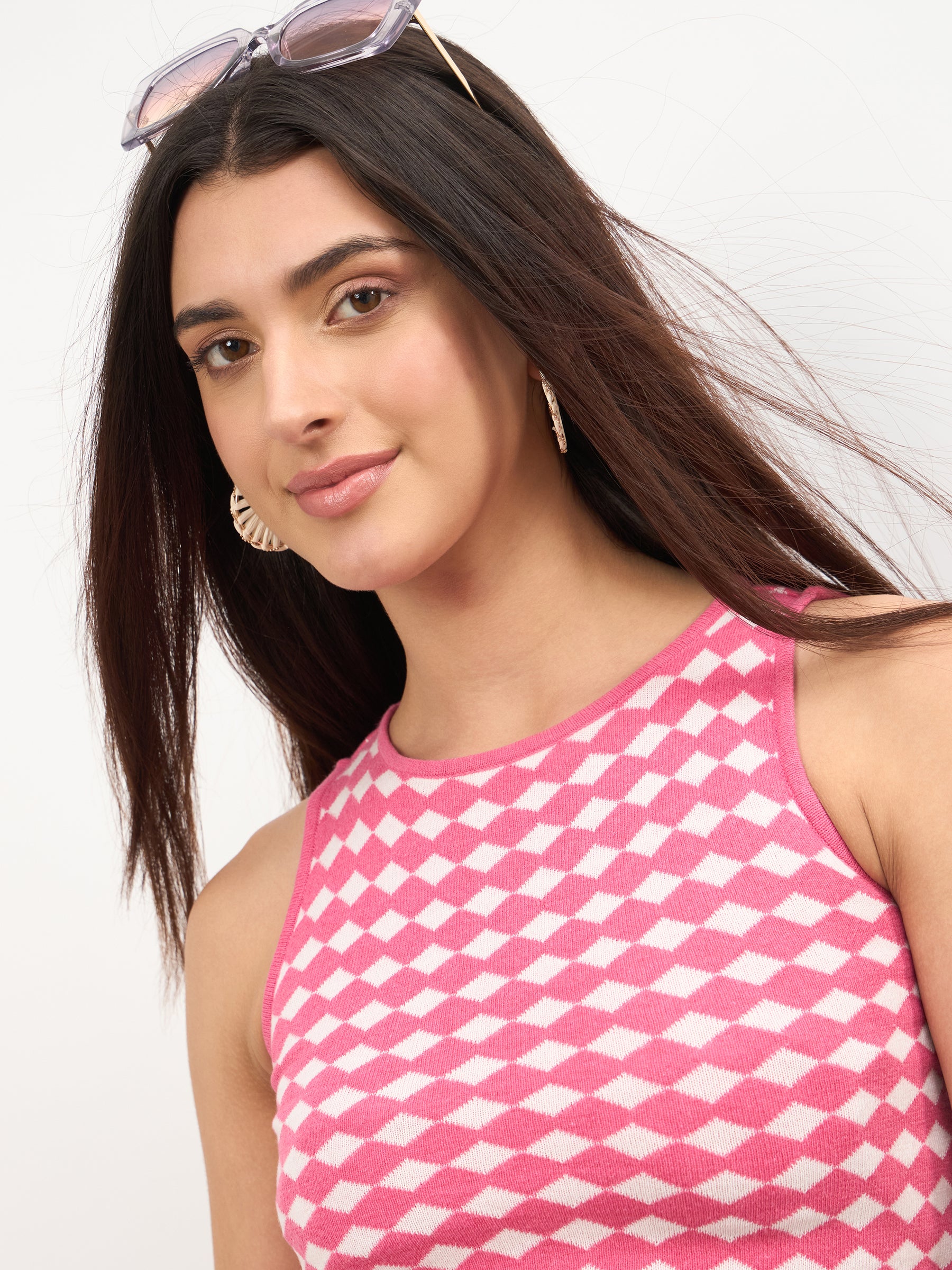 Pink & White Round Neck Crop Top With Mini Skirt-SASSAFRAS