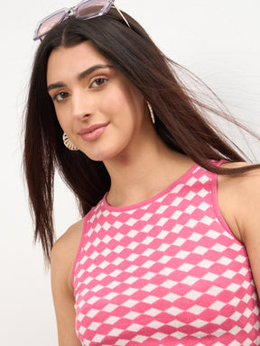 Pink & White Round Neck Crop Top With Mini Skirt-SASSAFRAS