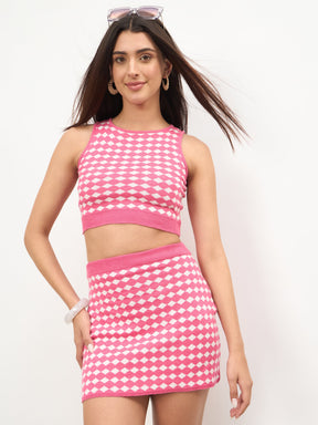 Women Pink & White Round Neck Crop Top With Mini Skirt