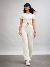 Off-White Round Neck Button Down Top With Drawstring Pants-SASSAFRAS