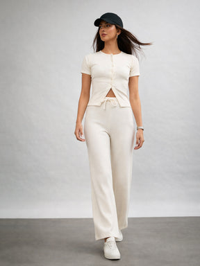 Off-White Round Neck Button Down Top With Drawstring Pants-SASSAFRAS