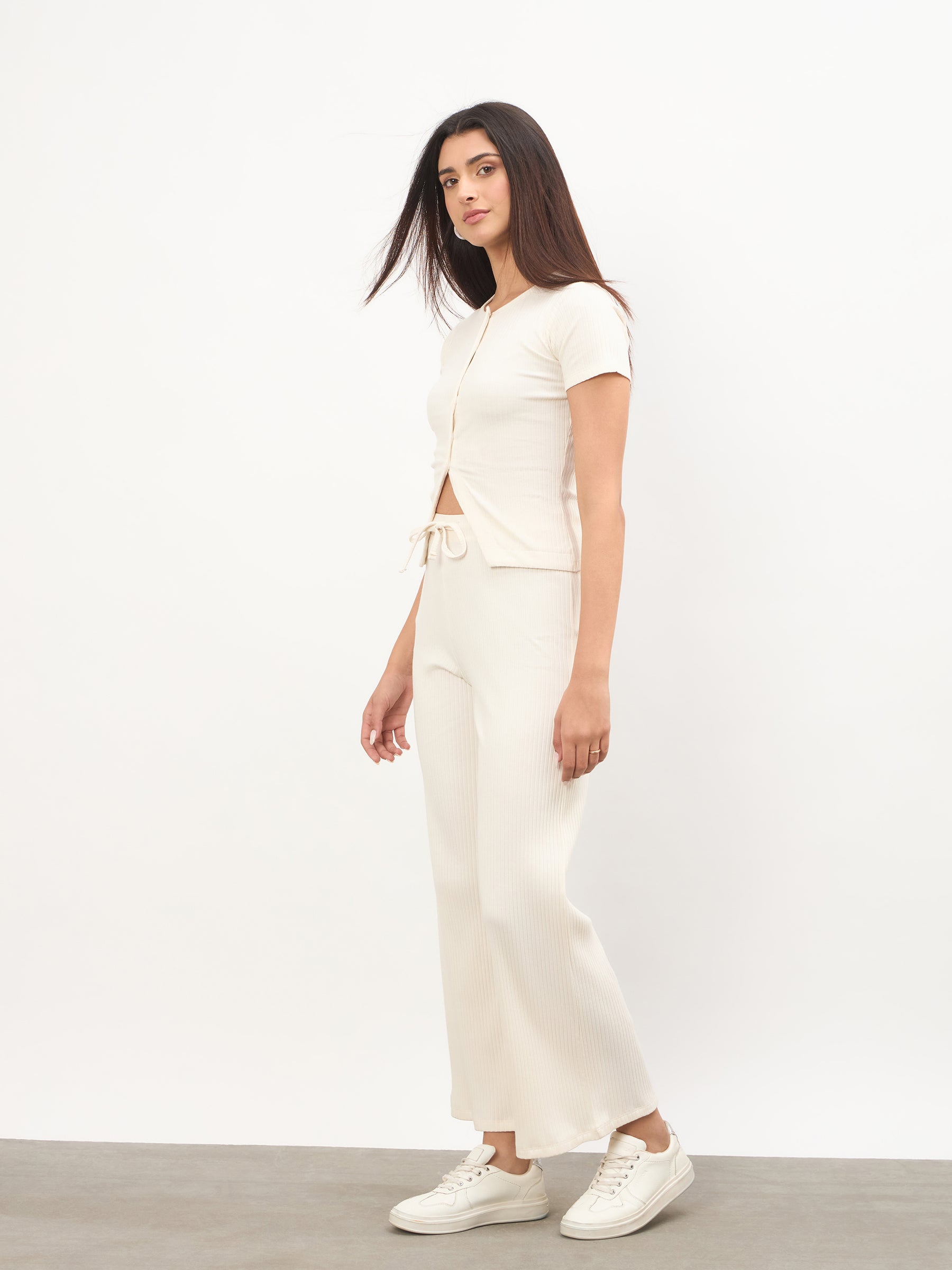 Off-White Round Neck Button Down Top With Drawstring Pants-SASSAFRAS