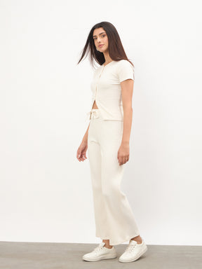 Off-White Round Neck Button Down Top With Drawstring Pants-SASSAFRAS