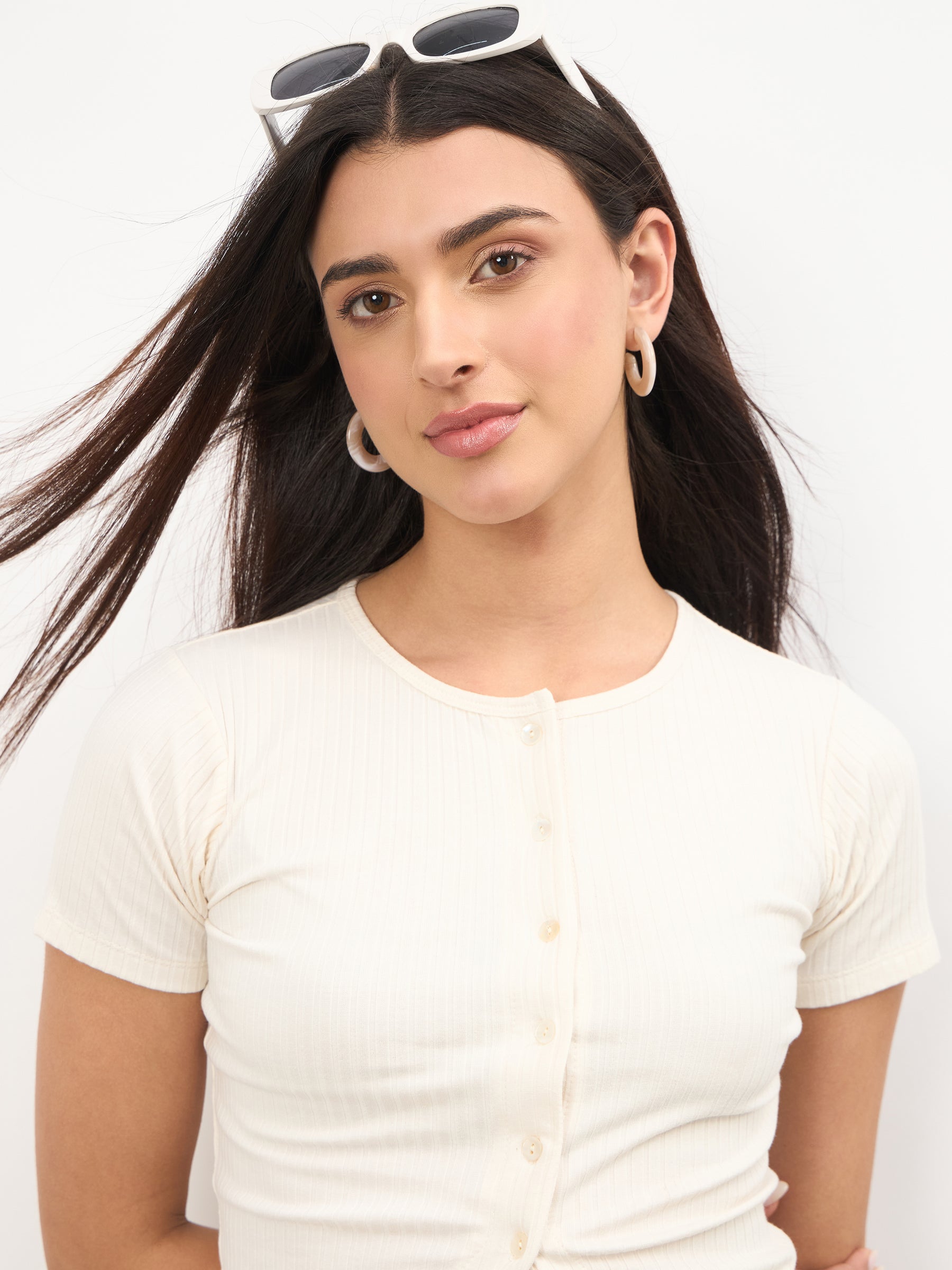 Off-White Round Neck Button Down Top With Drawstring Pants-SASSAFRAS