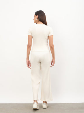 Women Off-White Round Neck Button Down Top With Drawstring Pants