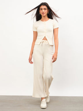 Women Off-White Round Neck Button Down Top With Drawstring Pants