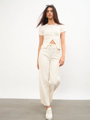 Women Off-White Round Neck Button Down Top With Drawstring Pants