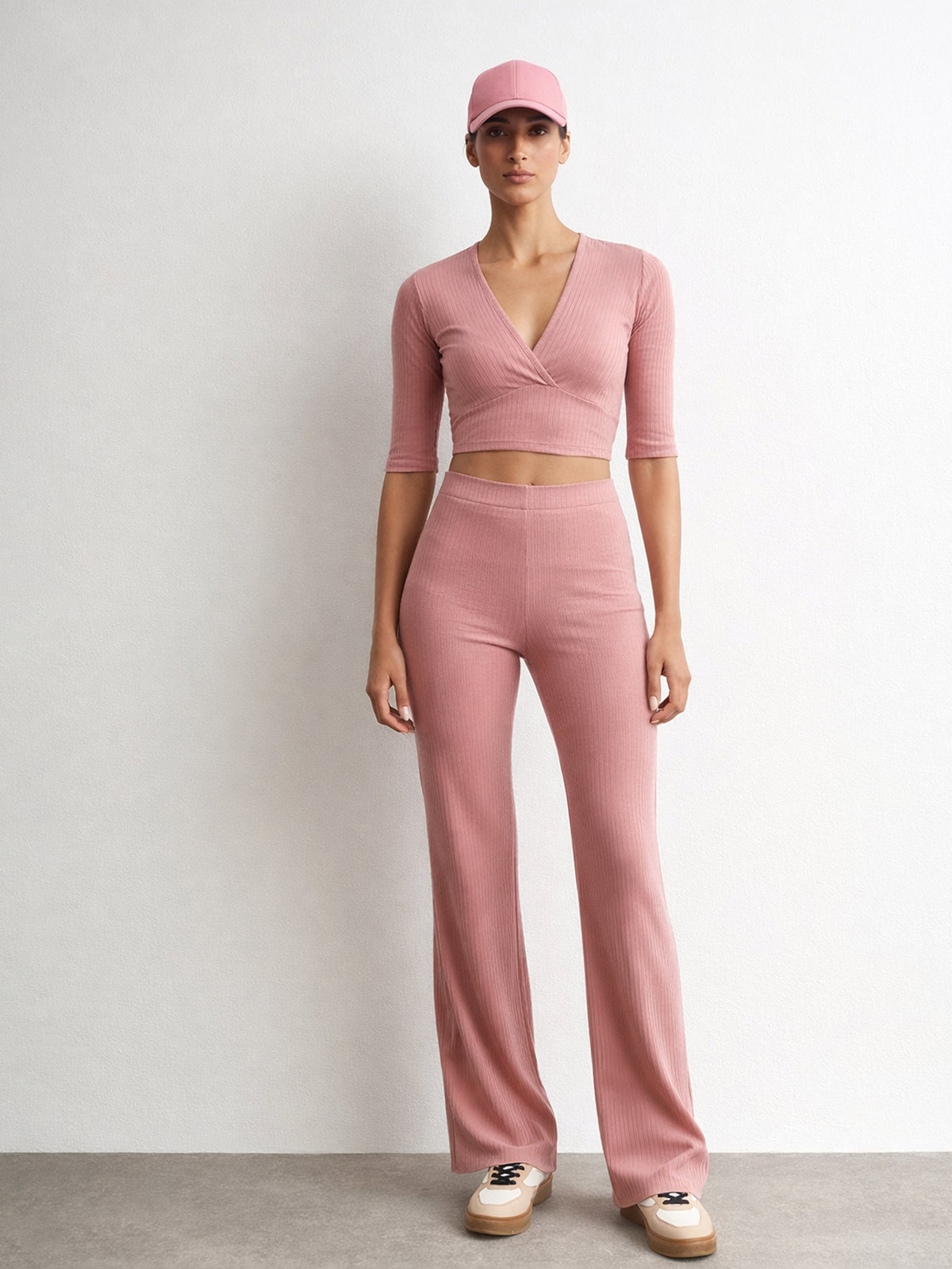 Pink V-Neck Crop Top With Elasticated Pants-SASSAFRAS
