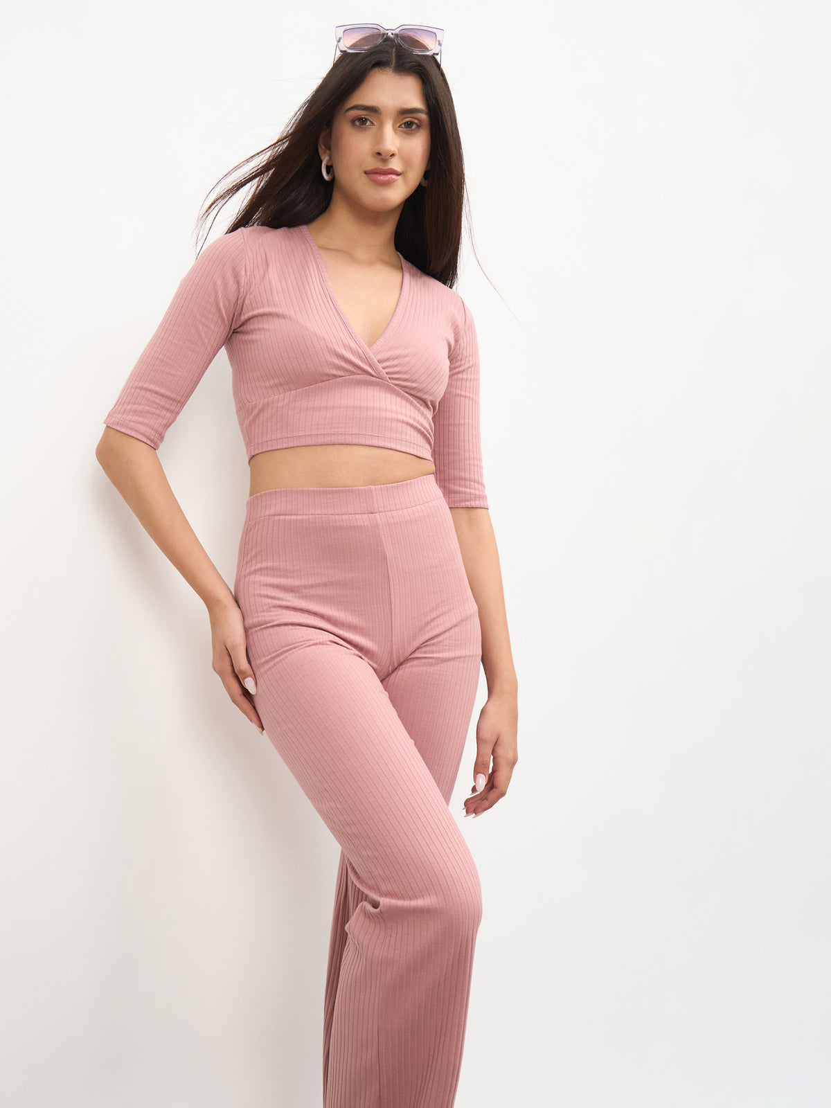 Pink V-Neck Crop Top With Elasticated Pants-SASSAFRAS