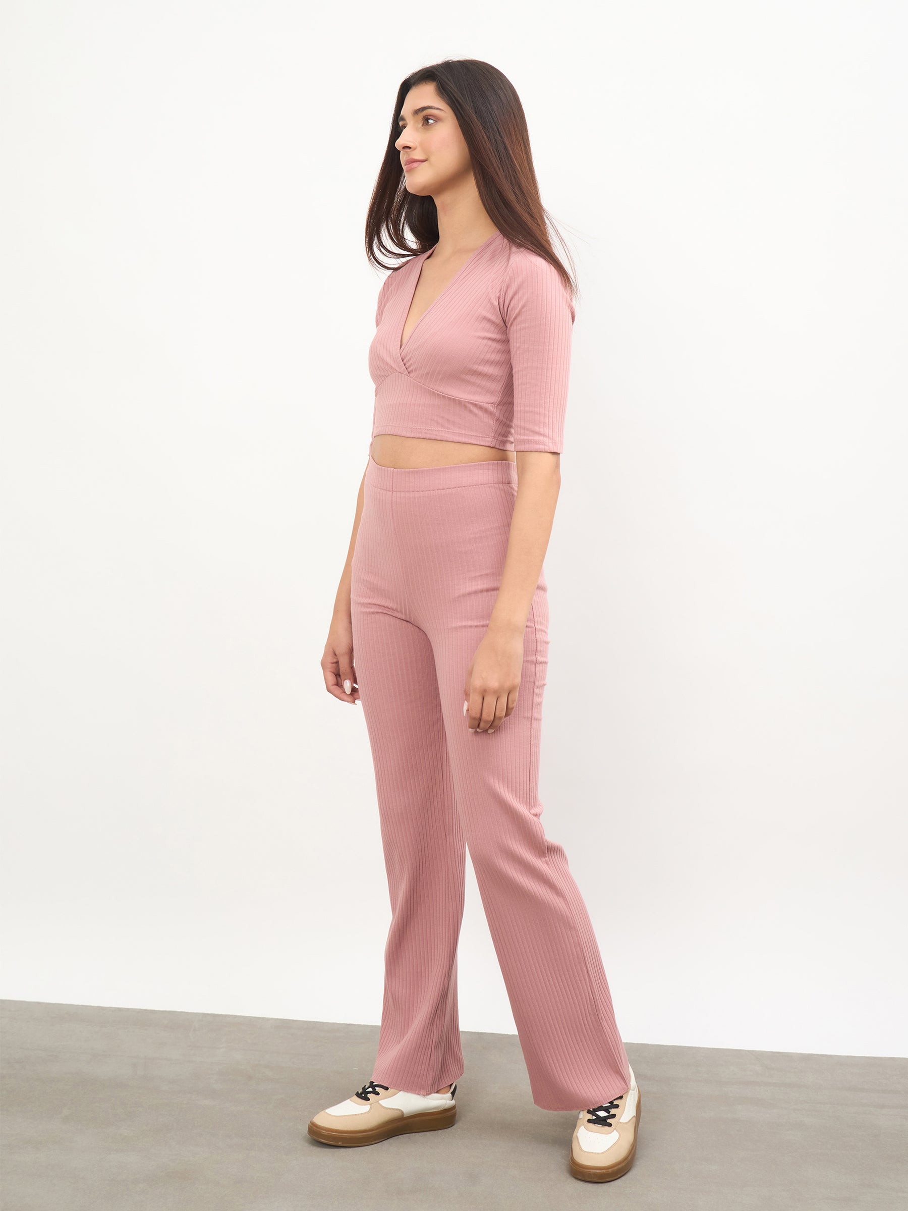Pink V-Neck Crop Top With Elasticated Pants-SASSAFRAS