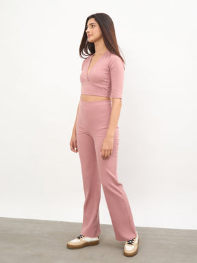 Pink V-Neck Crop Top With Elasticated Pants-SASSAFRAS