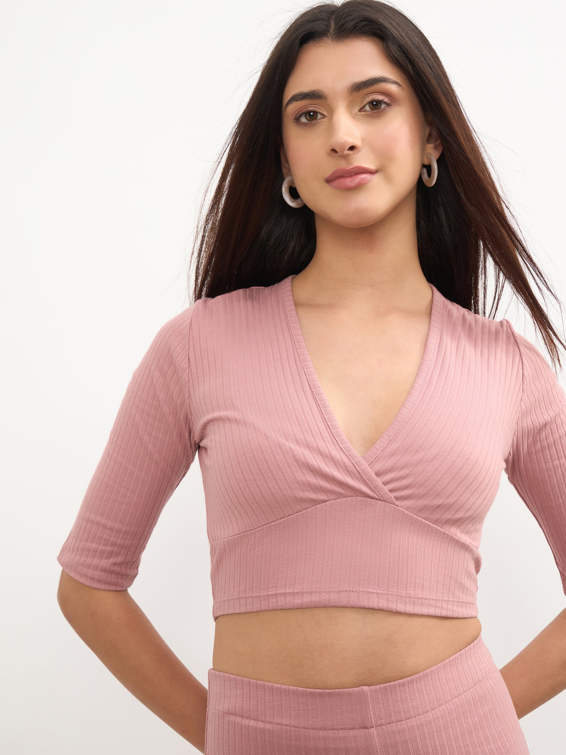 Pink V-Neck Crop Top With Elasticated Pants-SASSAFRAS