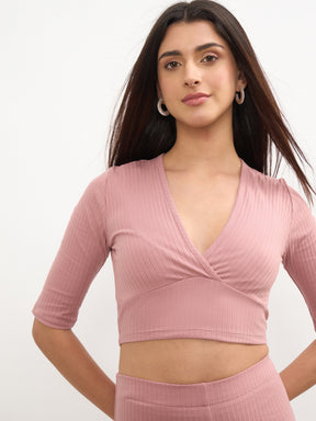 Pink V-Neck Crop Top With Elasticated Pants-SASSAFRAS