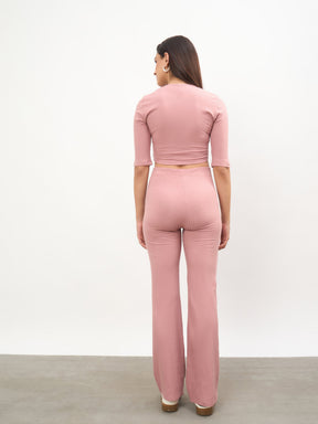 Women Pink V-Neck Crop Top With Elasticated Pants