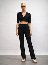 Black V-Neck Crop Top With Elasticated Pants-SASSAFRAS