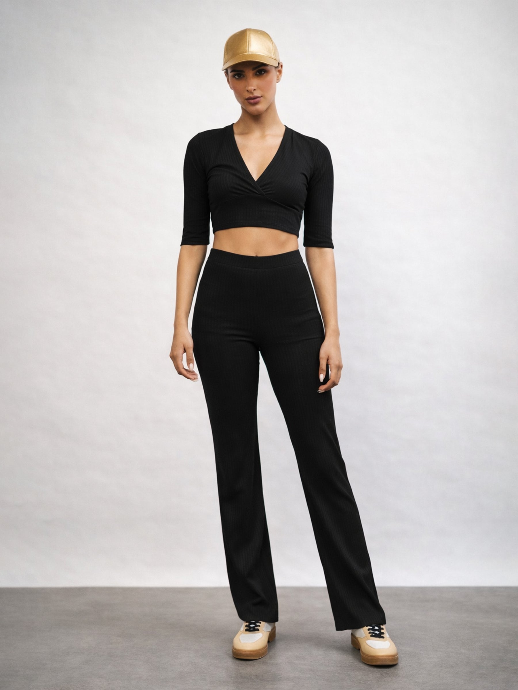 Black V-Neck Crop Top With Elasticated Pants-SASSAFRAS