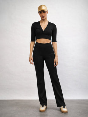 Black V-Neck Crop Top With Elasticated Pants-SASSAFRAS
