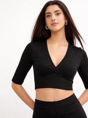 Black V-Neck Crop Top With Elasticated Pants-SASSAFRAS