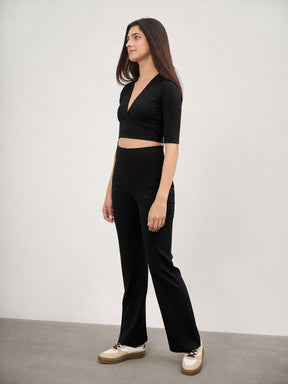 Black V-Neck Crop Top With Elasticated Pants-SASSAFRAS