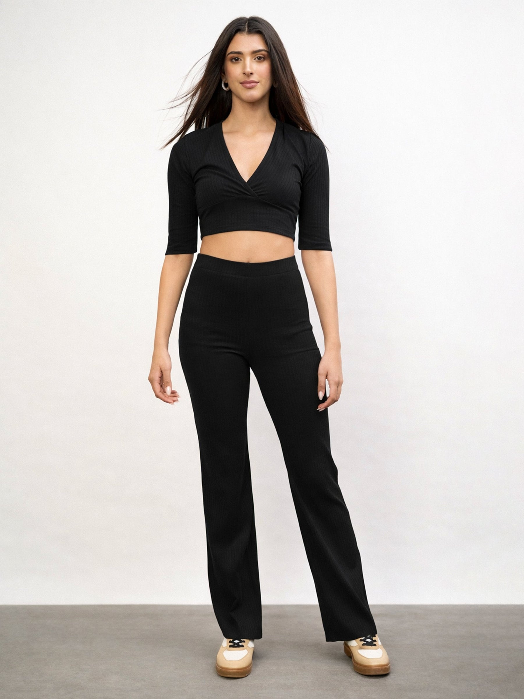 Women Black V-Neck Crop Top With Elasticated Pants