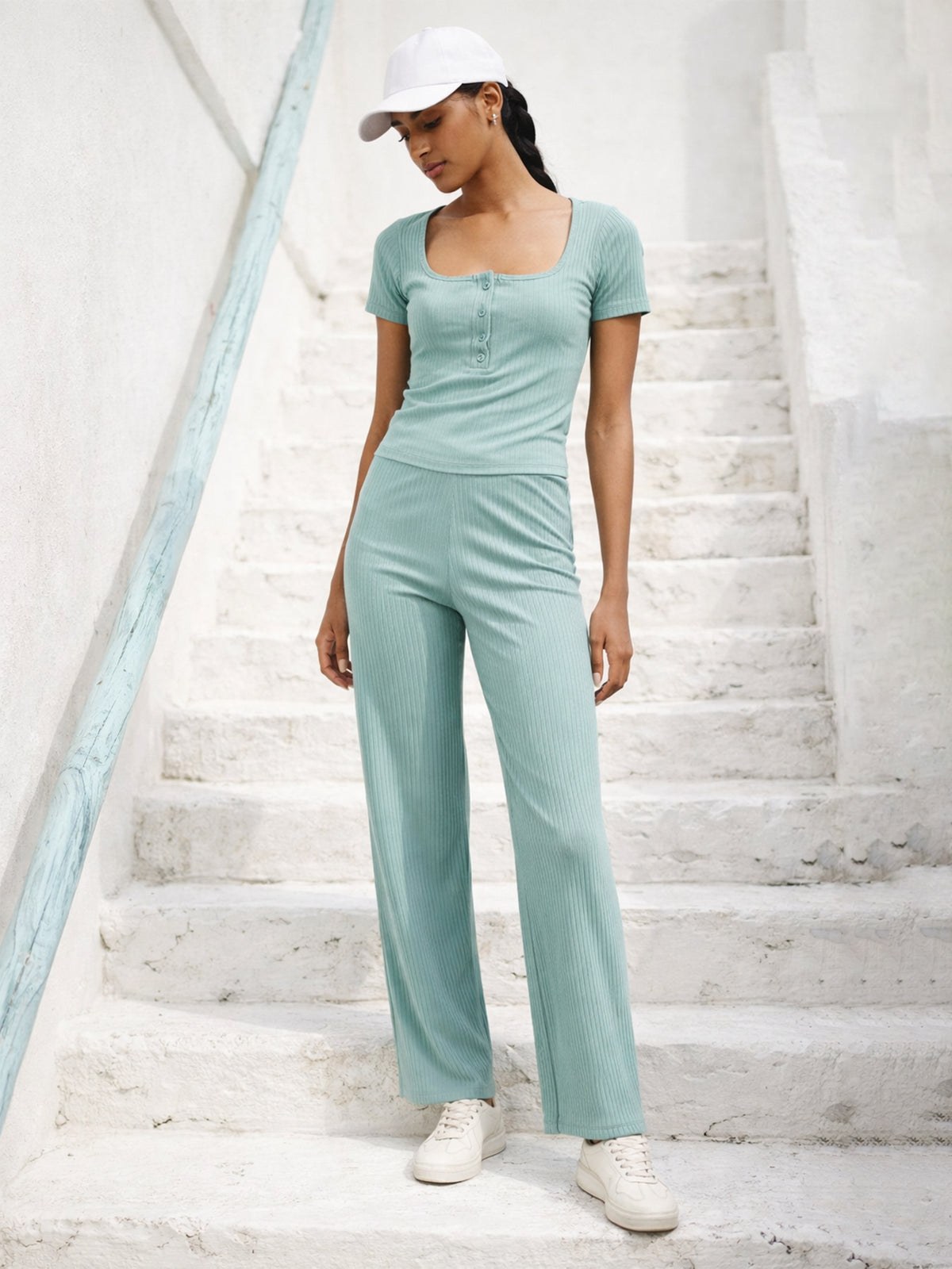 Sea Green Square-Neck Regular Top With Straight Pants-SASSAFRAS