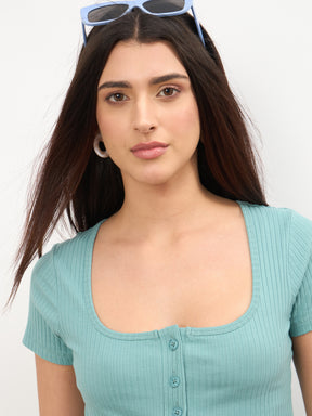 Sea Green Square-Neck Regular Top With Straight Pants-SASSAFRAS
