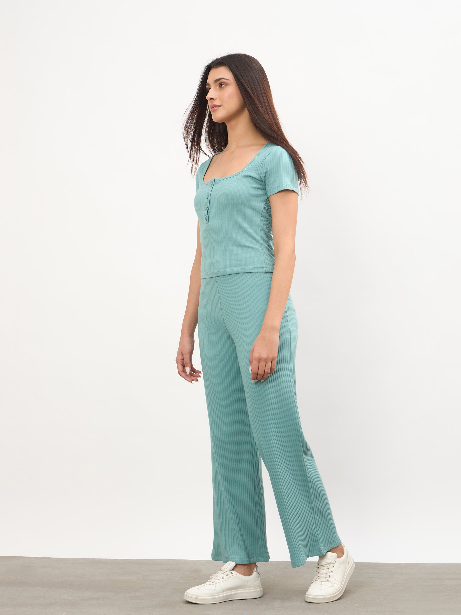 Sea Green Square-Neck Regular Top With Straight Pants-SASSAFRAS