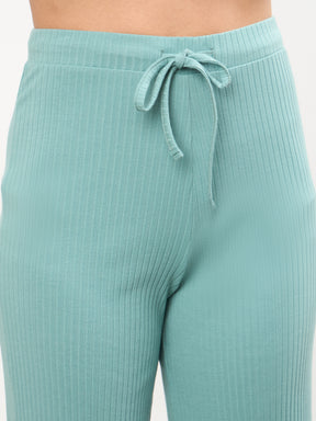 Sea Green Square-Neck Regular Top With Straight Pants-SASSAFRAS