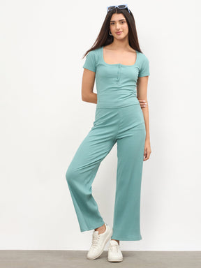 Women Sea Green Square-Neck Regular Top With Straight Pants