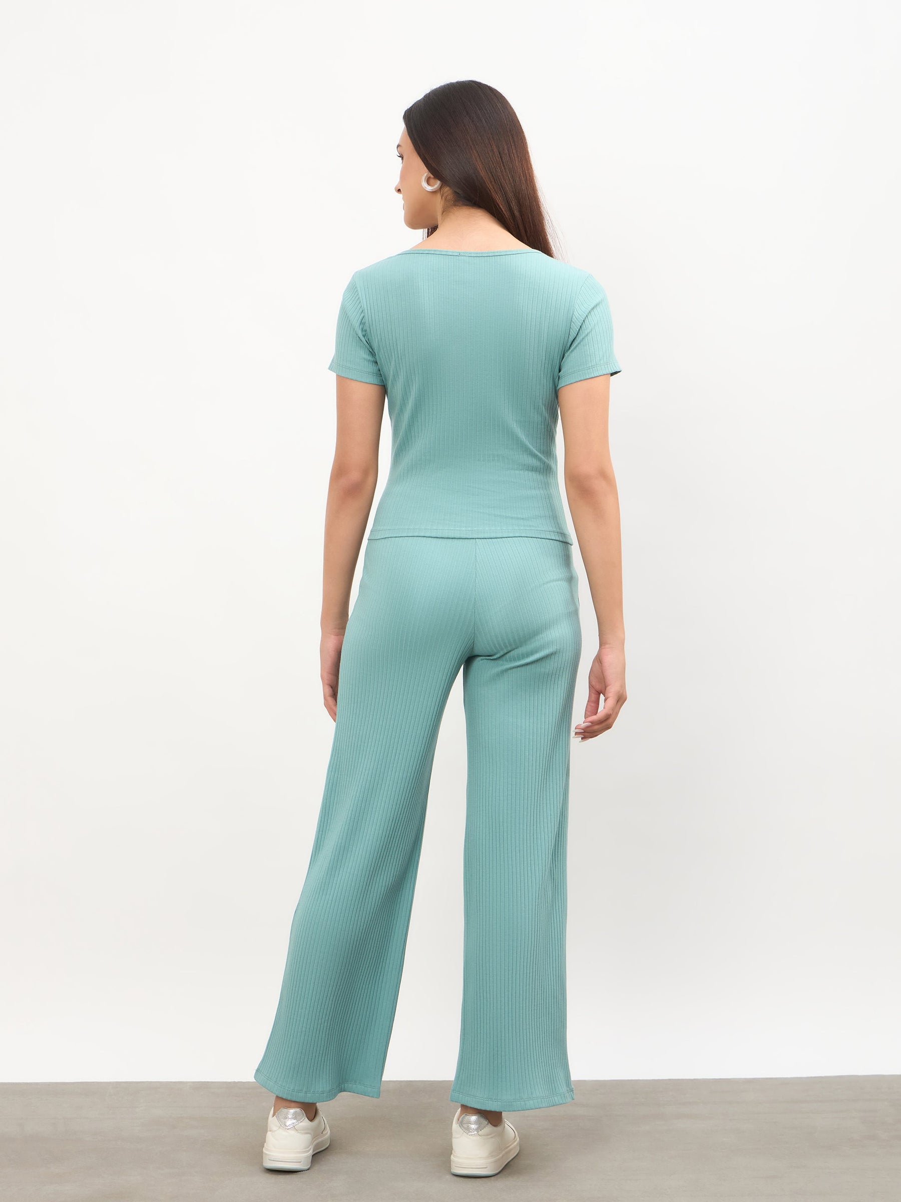 Women Sea Green Square-Neck Regular Top With Straight Pants