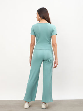 Women Sea Green Square-Neck Regular Top With Straight Pants