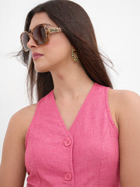 Pink Vest Top With Belted Straight Pants-SASSAFRAS