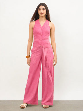 Women Pink Vest Top With Belted Straight Pants