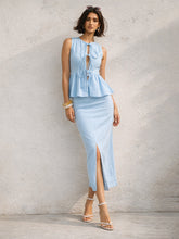 Blue Front Knot Peplum Top With Straight Skirt -SASSAFRAS