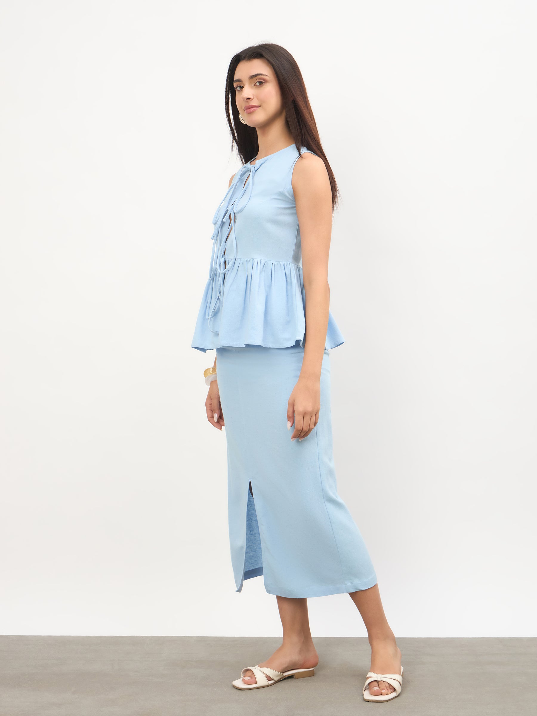 Blue Front Knot Peplum Top With Straight Skirt -SASSAFRAS