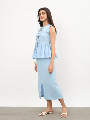 Blue Front Knot Peplum Top With Straight Skirt -SASSAFRAS