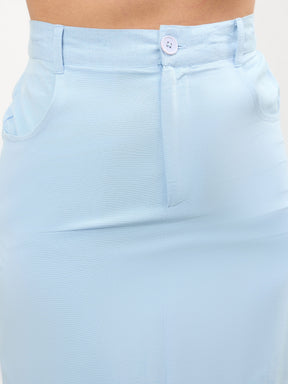 Women Blue Front Knot Peplum Top With Straight Skirt