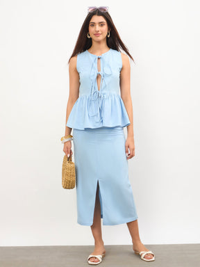 Women Blue Front Knot Peplum Top With Straight Skirt