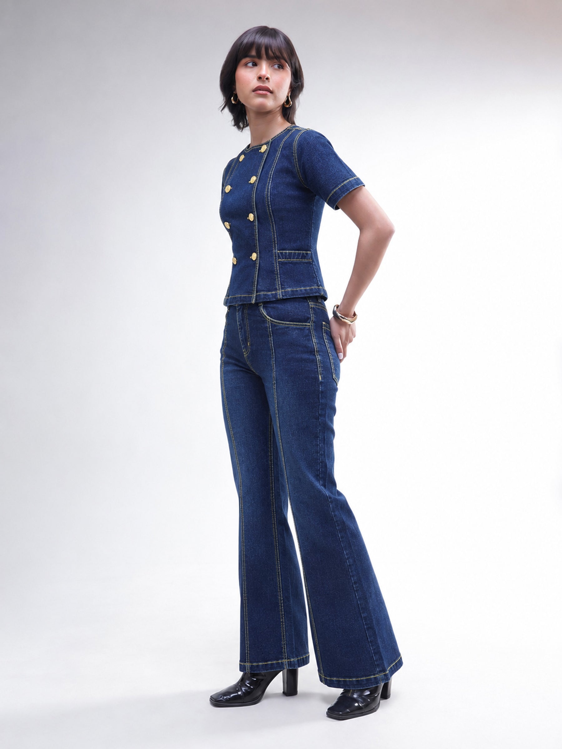 Navy Denim Button Down Top With Bell Bottom Jeans-SASSAFRAS