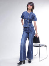 Blue Denim Button Down Top With Bell Bottom Jeans-SASSAFRAS