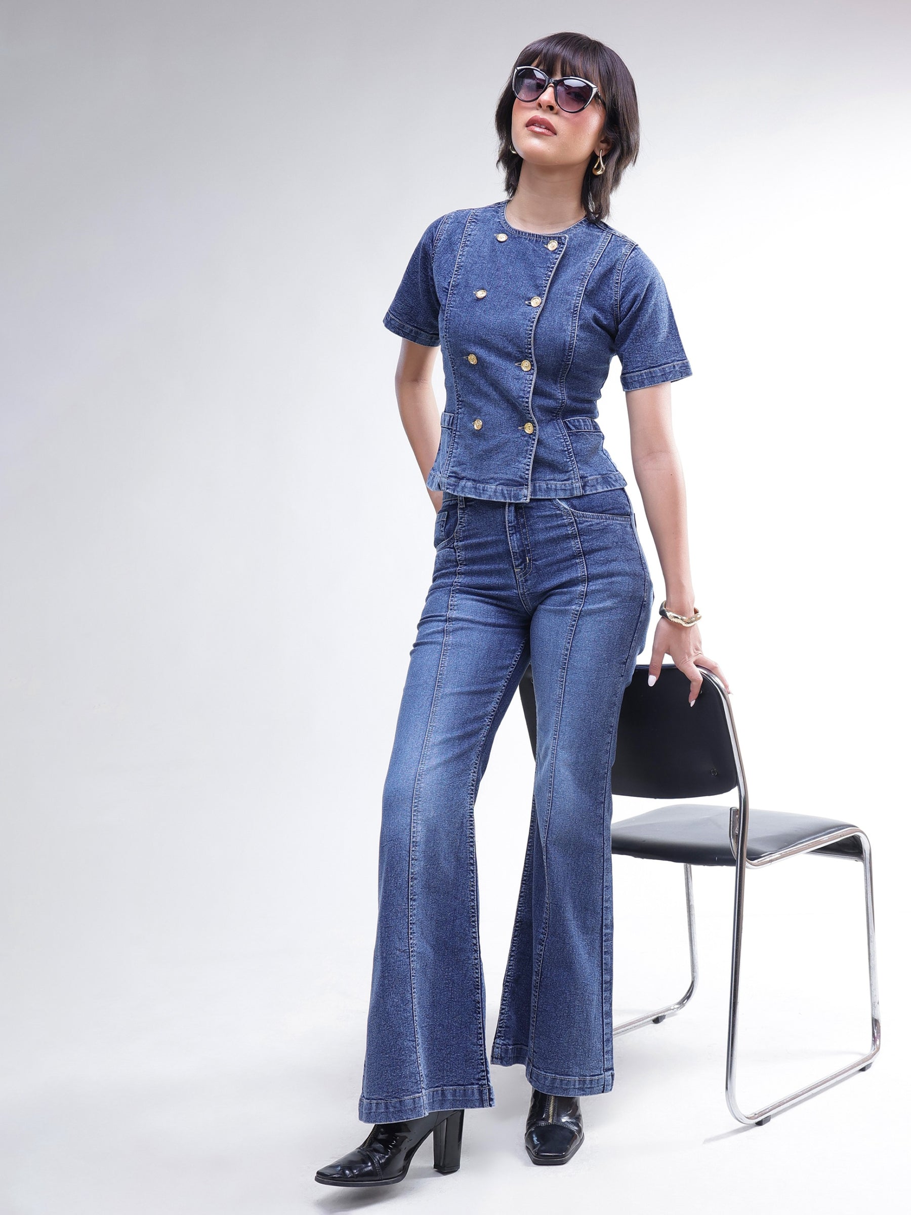 Blue Denim Button Down Top With Bell Bottom Jeans-SASSAFRAS
