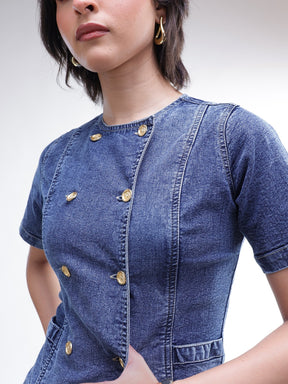 Blue Denim Button Down Top With Bell Bottom Jeans-SASSAFRAS