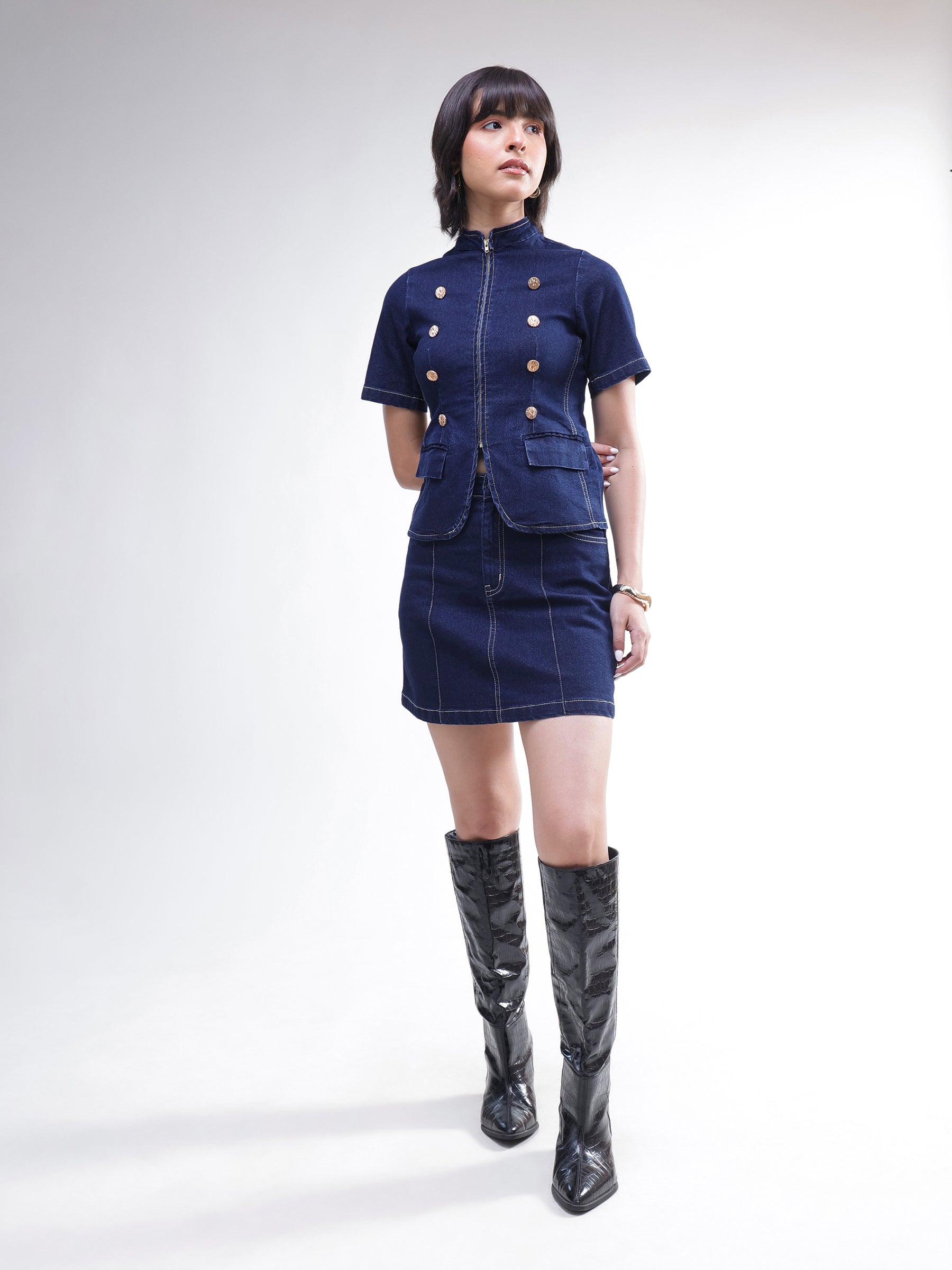 Navy Denim Front Zipper Top With Mini Skirt-SASSAFRAS