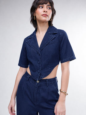 Navy Back Cut-Out Crop Top With Straight Jeans-SASSAFRAS