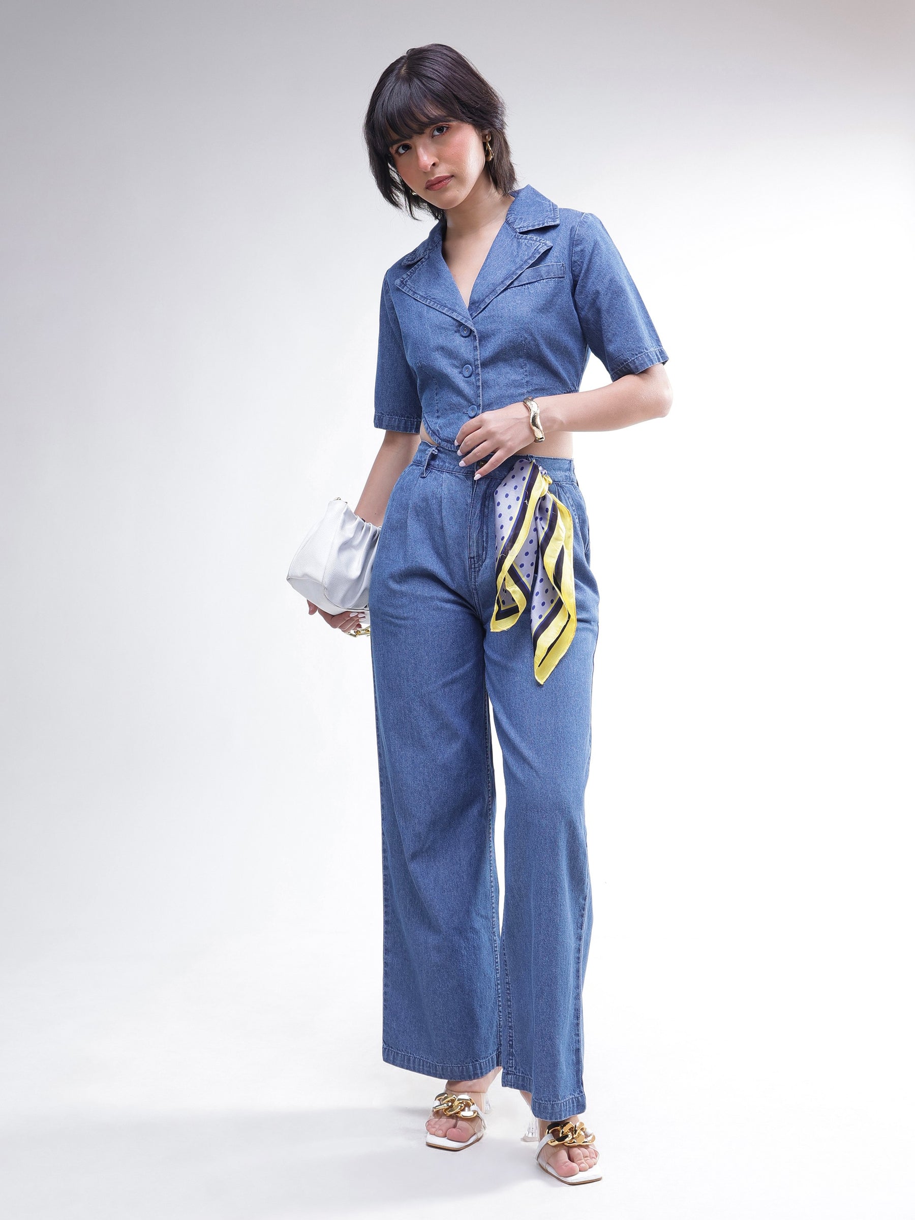 Blue Back Cut-Out Crop Top With Straight Jeans-SASSAFRAS