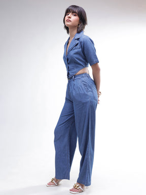 Blue Back Cut-Out Crop Top With Straight Jeans-SASSAFRAS