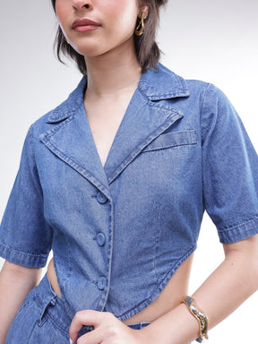 Blue Back Cut-Out Crop Top With Straight Jeans-SASSAFRAS