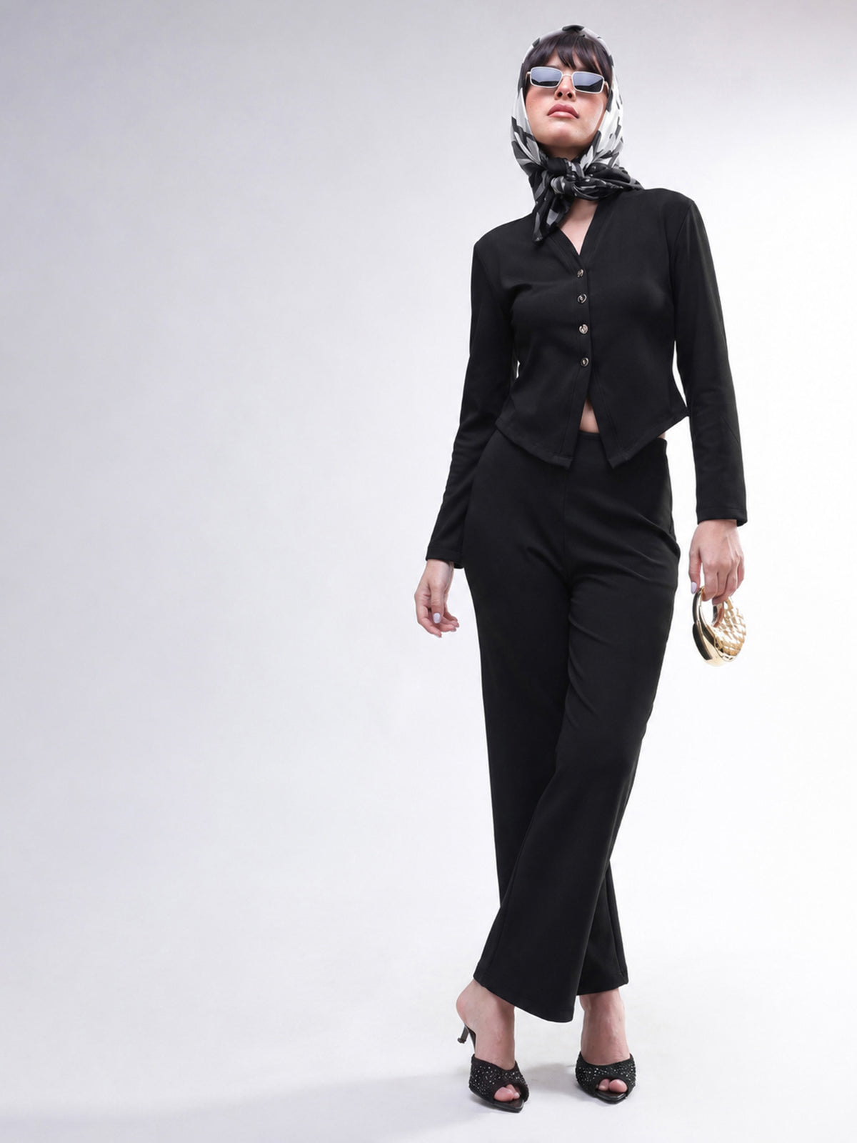 Black Button Down Full Sleeve Top with Track Pants-SASSAFRAS